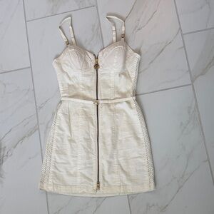 Guess Cream Lace-Panel Zip-Front Mini Dress
